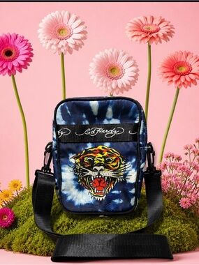 Ed Hardy Blue Tie-Dye Tiger Crossbody Bag for Men